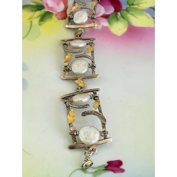 Vintage 90s Modernist Donna Burdic Bracelet Coin Pearls Sterling Gold Leaves